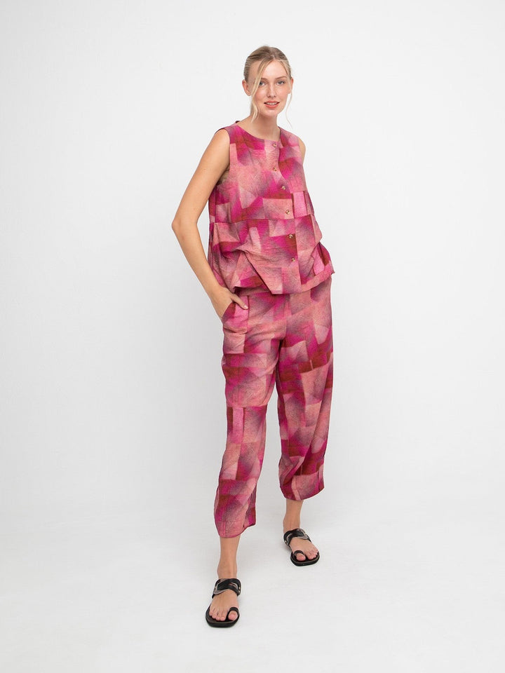 Ozai N Ku Feinos Button Tank in Geo Pink, front view on model