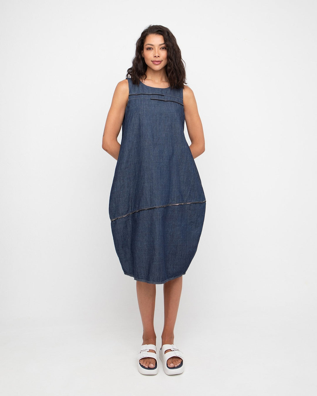 Ozai N Ku Hyph Relaxed Cocoon Dress in Denim, front view on model