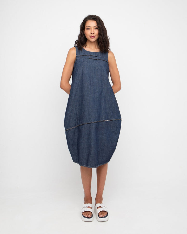 Ozai N Ku Hyph Relaxed Cocoon Dress in Denim, front view on model