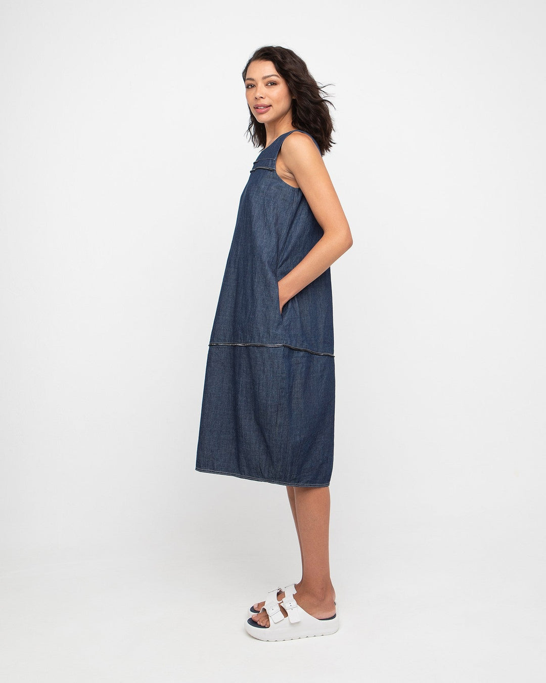Ozai N Ku Hyph Relaxed Cocoon Dress in Denim, side view on model