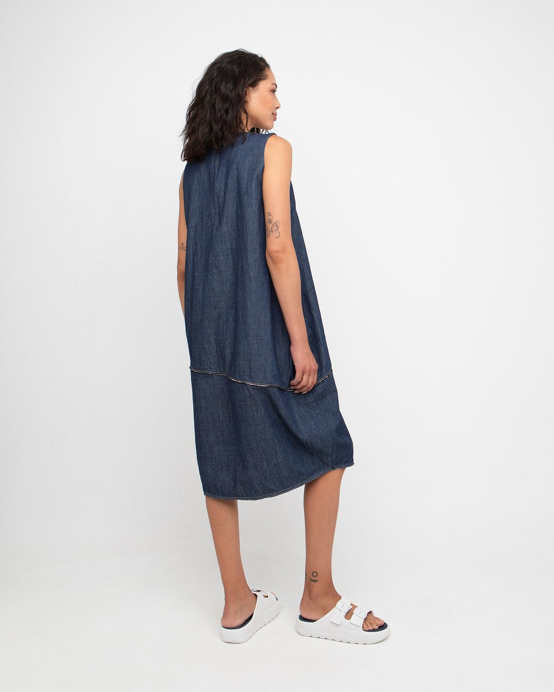 Ozai N Ku Hyph Relaxed Cocoon Dress in Denim, back view on model
