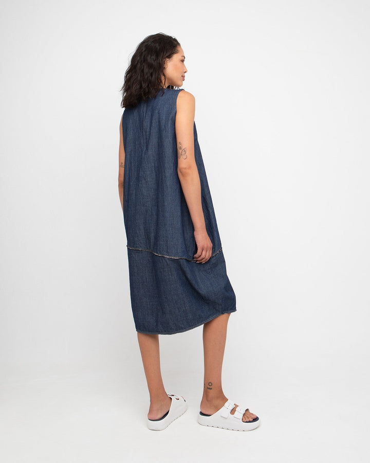 Ozai N Ku Hyph Relaxed Cocoon Dress in Denim, back view on model