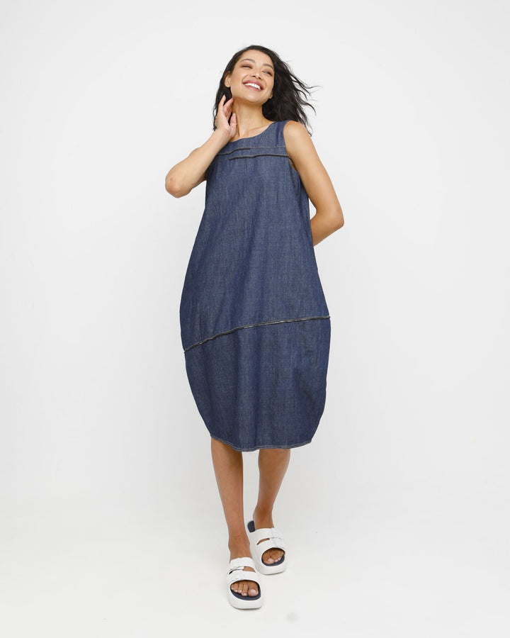 Ozai N Ku Hyph Relaxed Cocoon Dress in Denim, front view on model