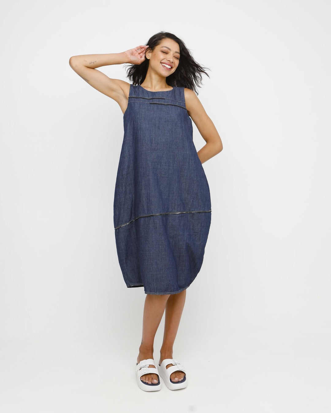 Ozai N Ku Hyph Relaxed Cocoon Dress in Denim, front view on model