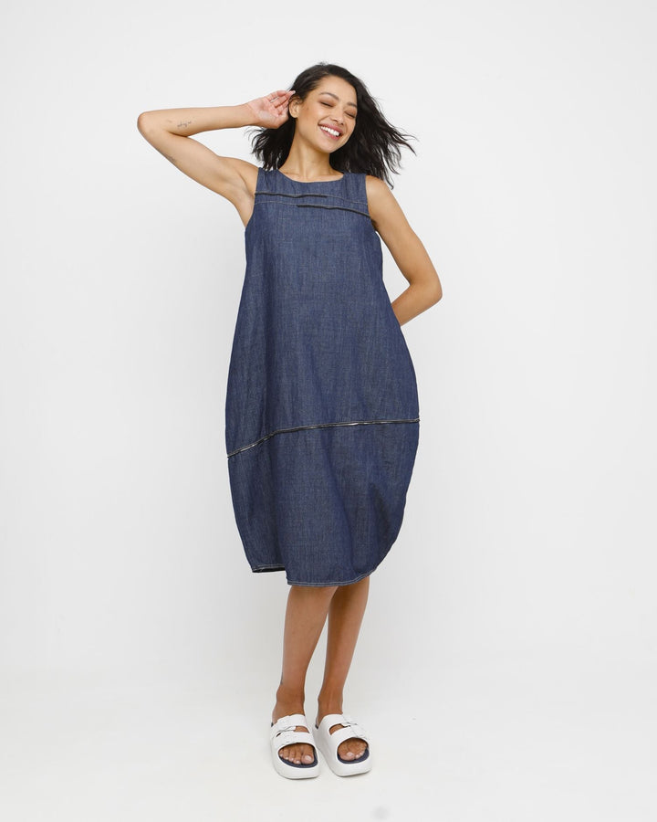 Ozai N Ku Hyph Relaxed Cocoon Dress in Denim, front view on model