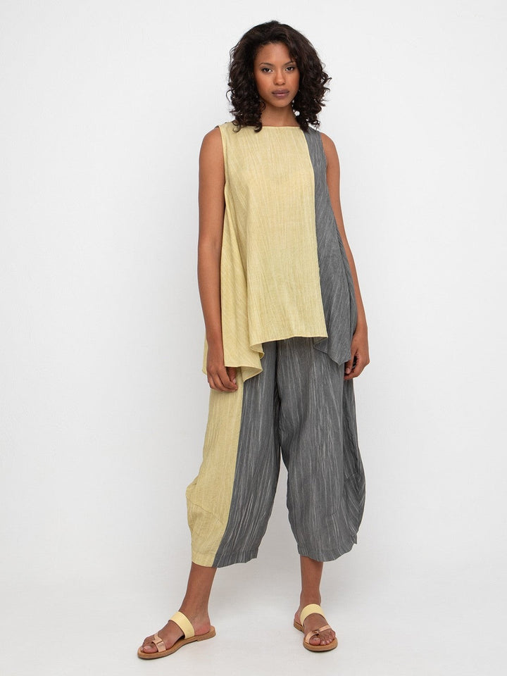 Ozai N Ku Lookout Lantern Pants in Slate and Butter, front view on model