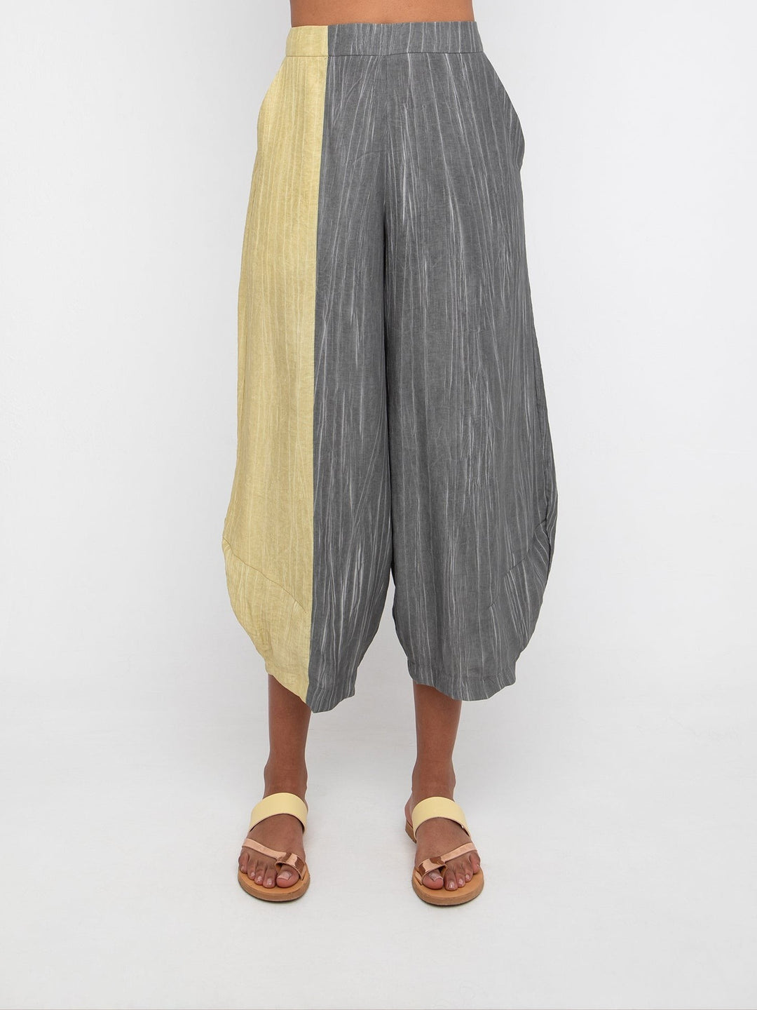 Ozai N Ku Lookout Lantern Pants in Slate and Butter, front view on model