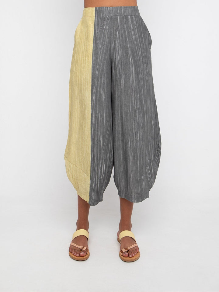 Ozai N Ku Lookout Lantern Pants in Slate and Butter, front view on model