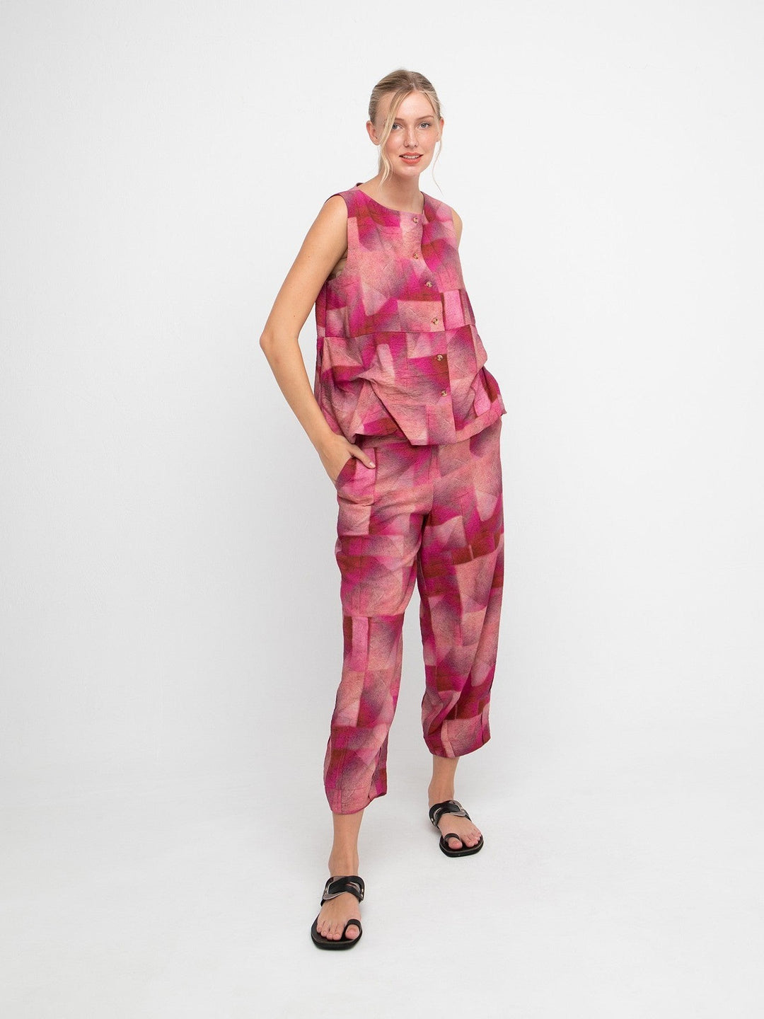 Ozai N Ku Silema Trouser in Geo Pink, front view on model