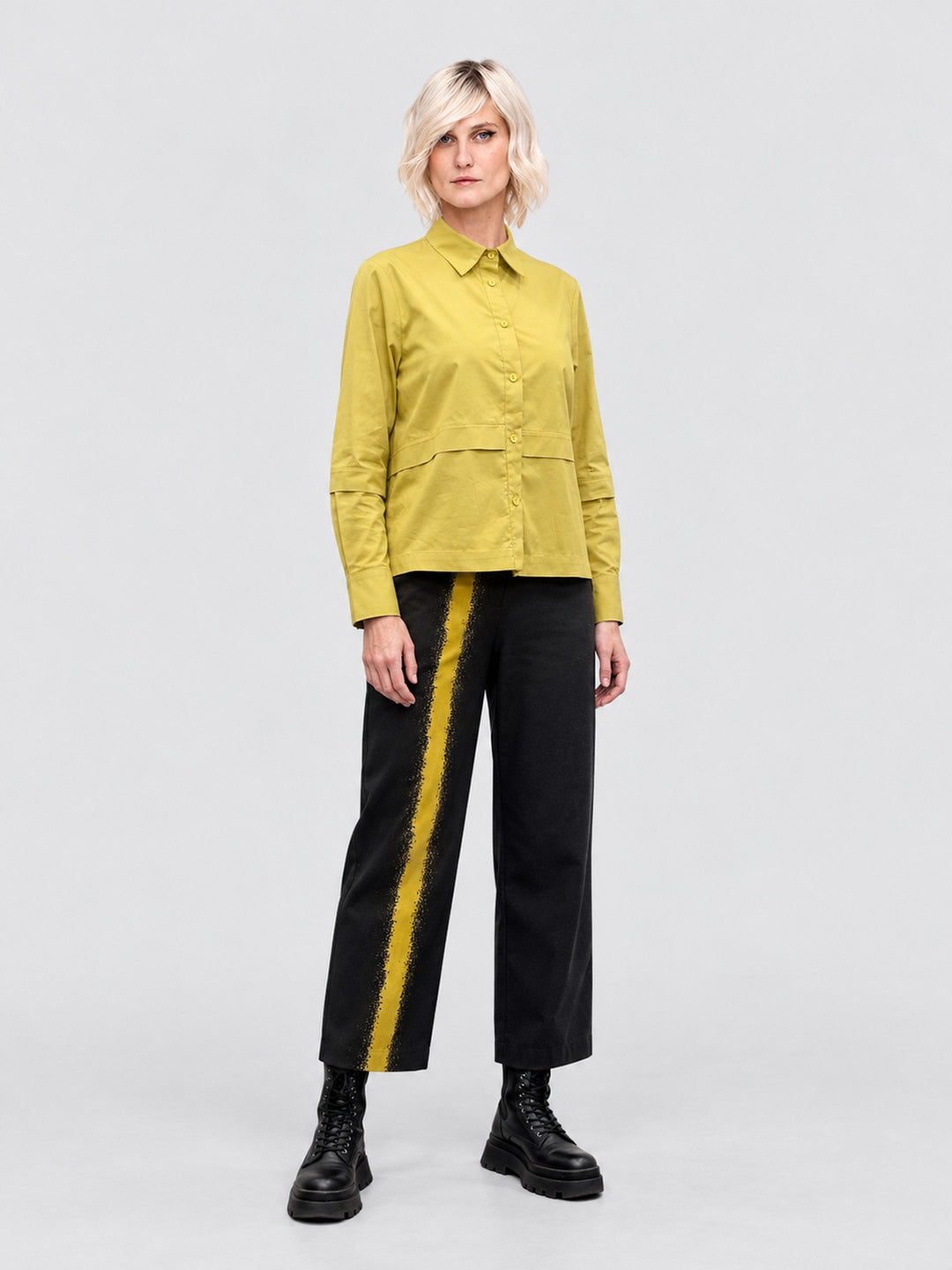 Ozai N Ku Solaris Shirt in Lemon, three quarter view on model