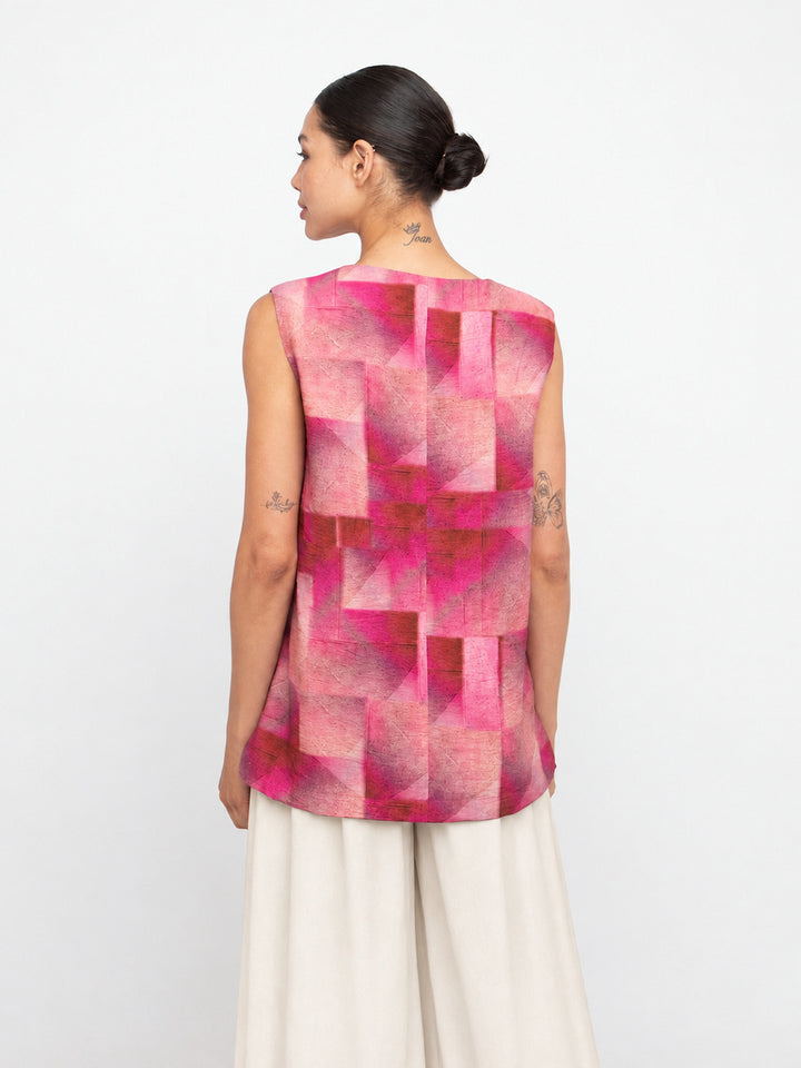 Ozai N Ku Thera A Line Tank Top in Geo Pink, back view on model
