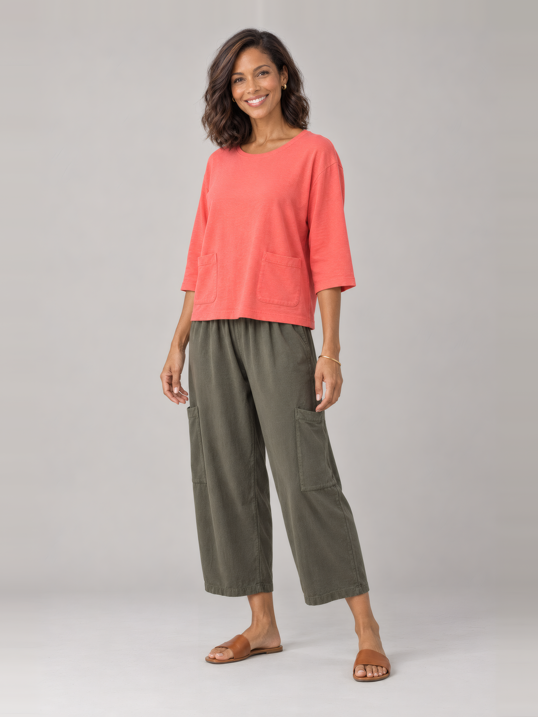 Pacific Cotton Boxy Shirt in Galah with the Pasha Pant in Peppercorn, full length view on model