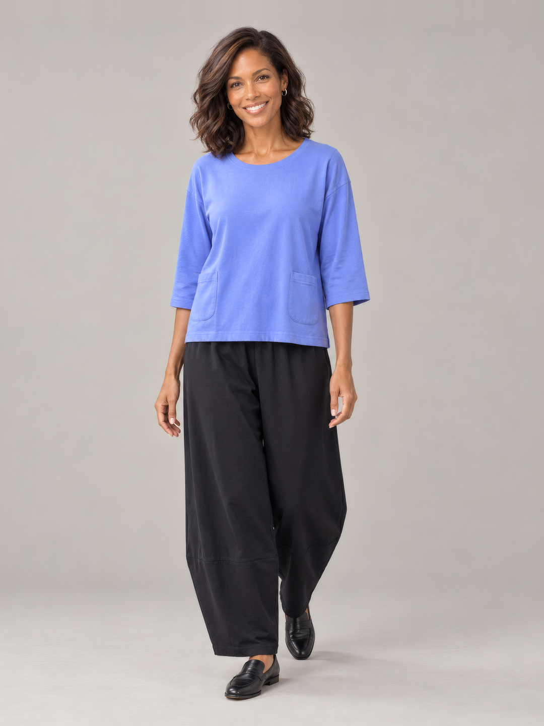 Pacific Cotton Boxy Shirt in Lisianthus, full length view on model