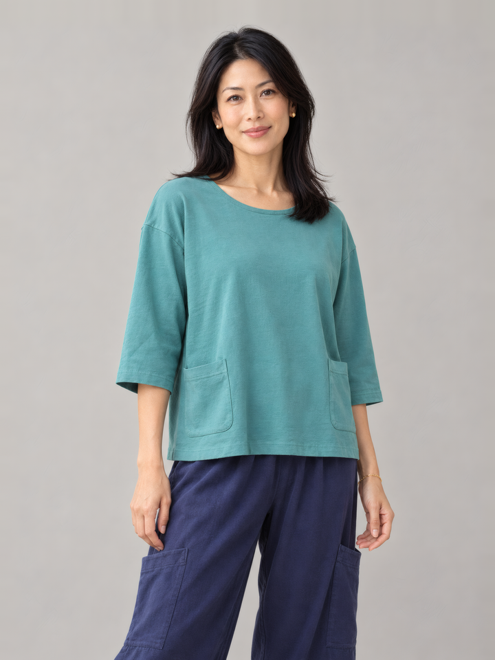 Pacific Cotton Boxy Shirt in Turaco, front view on model