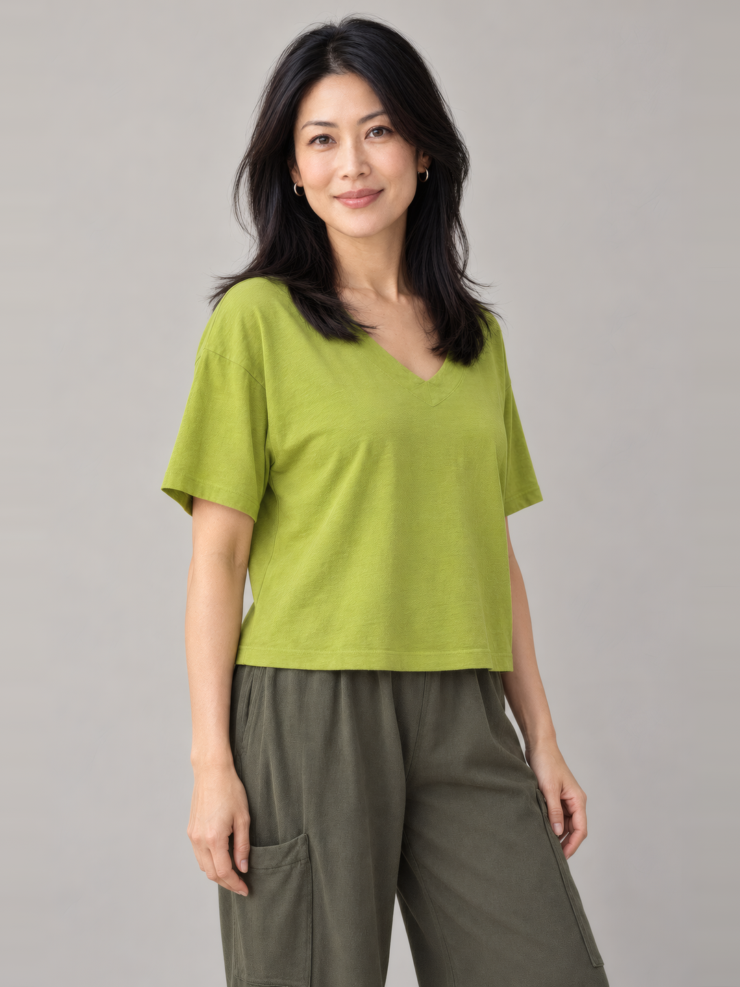 Pacific Cotton Short Sleeve Crop Top in Lacewing, front view on model