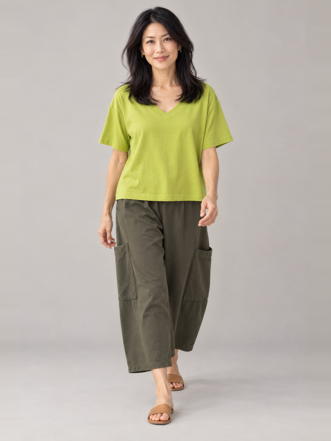 Pacific Cotton Short Sleeve Crop Top in Lacewing, full length view on model