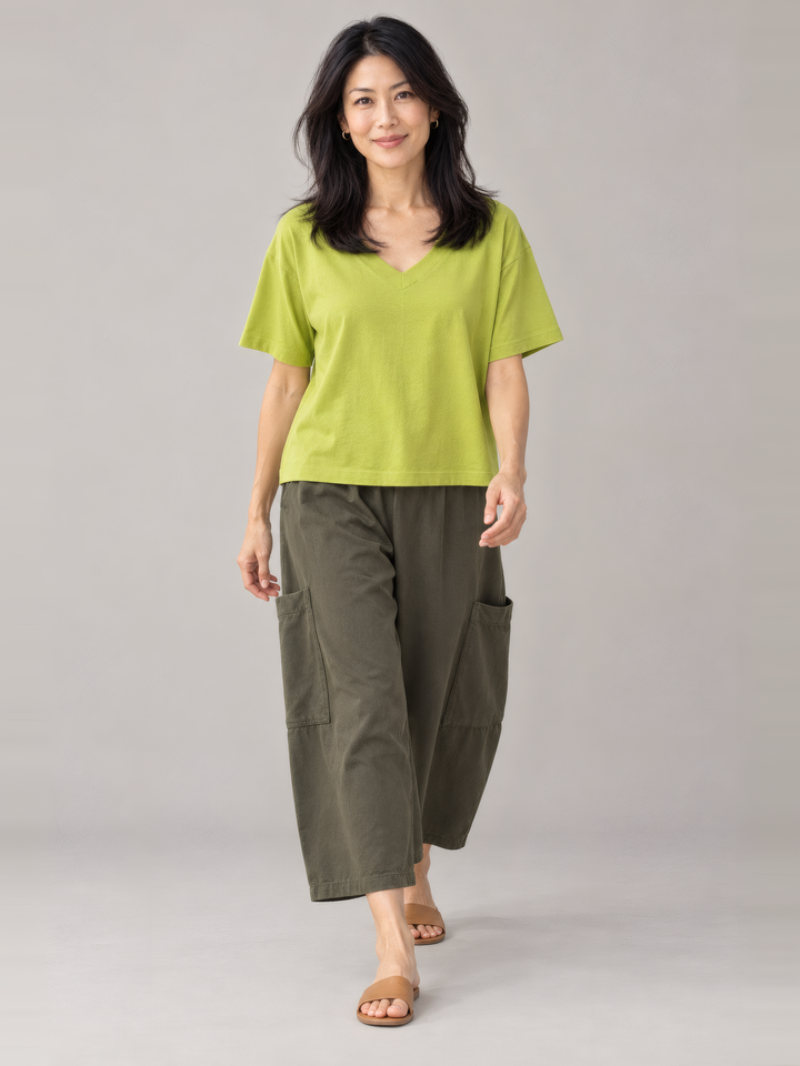Pacific Cotton Short Sleeve Crop Top in Lacewing, full length view on model