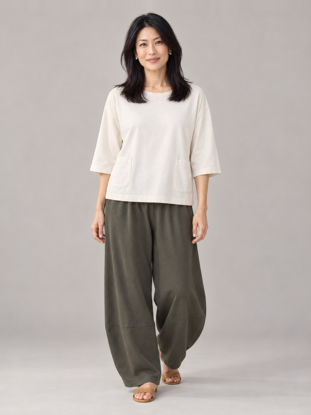 Pacific Cotton Oliver Pant in Peppercorn, front view on model