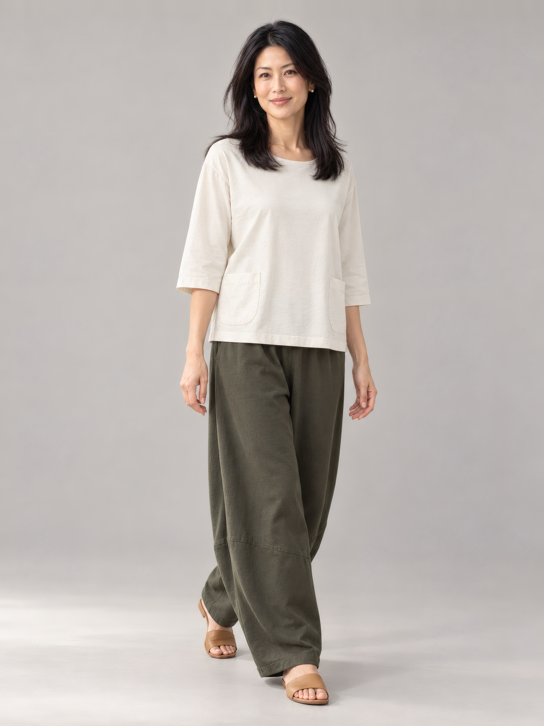 Pacific Cotton Oliver Pant in Peppercorn, side view on model