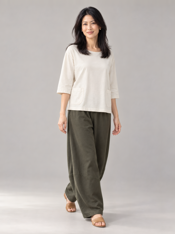 Pacific Cotton Oliver Pant in Peppercorn, side view on model