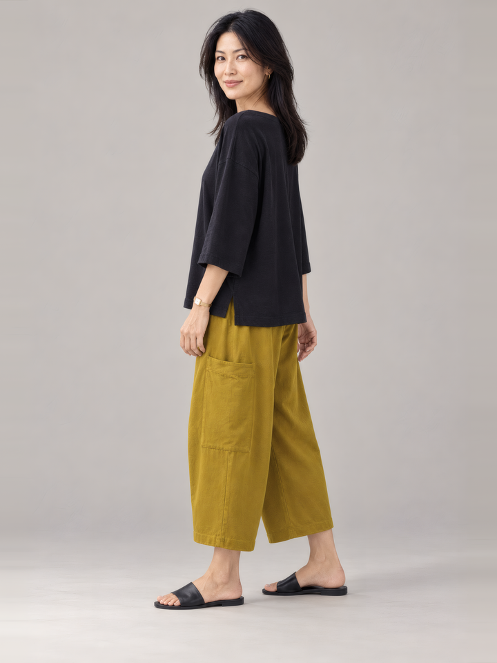 Pacific Cotton Pasha Pant in Honeycomb, side view on model