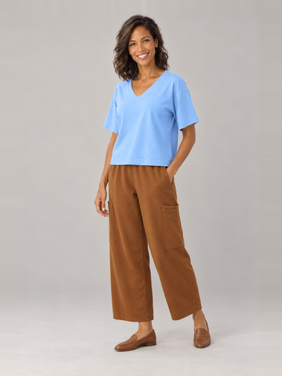 Pacific Cotton Pasha Pant in Pinecone, front view on model