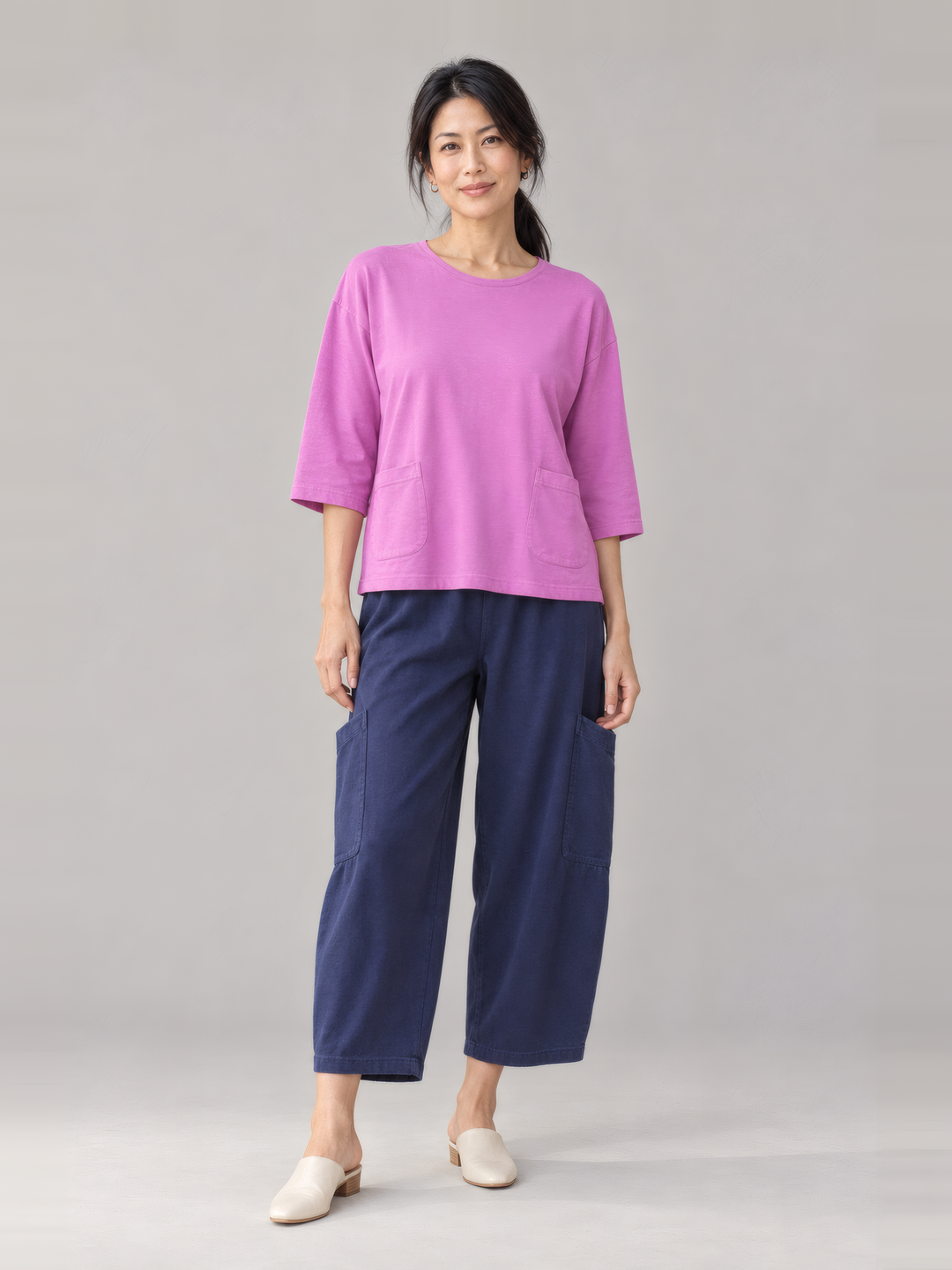 Pacific Cotton Pasha Pant in Stargaze, front view on model