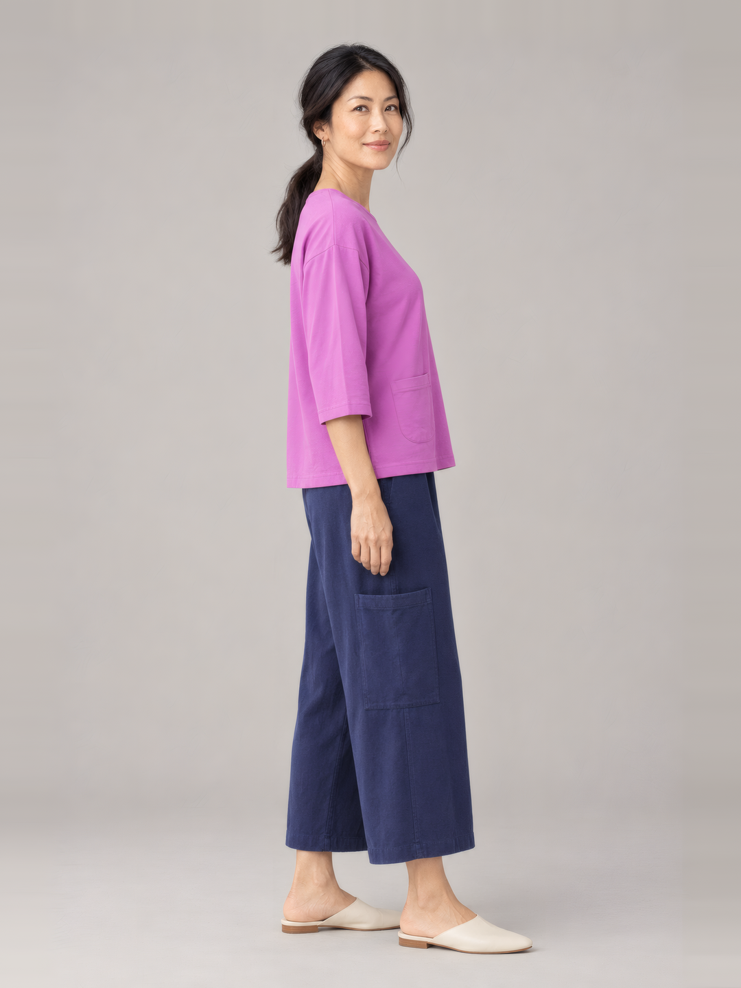 Pacific Cotton Pasha Pant in Stargaze, side view on model