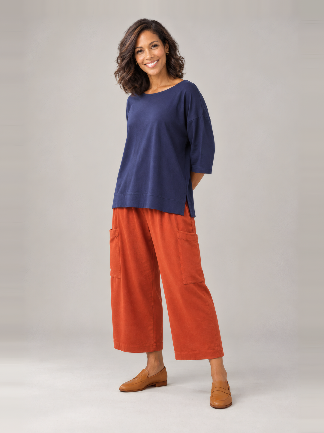 Pacific Cotton Resort Shirt in Stargaze with the Pasha Pant in Apertivo, full length view on model