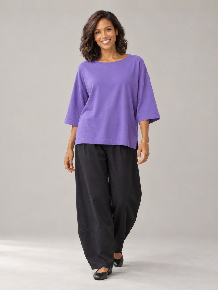 Pacific Cotton Resort Shirt in Verbena with the Oliver Pant in Black, full length view on model