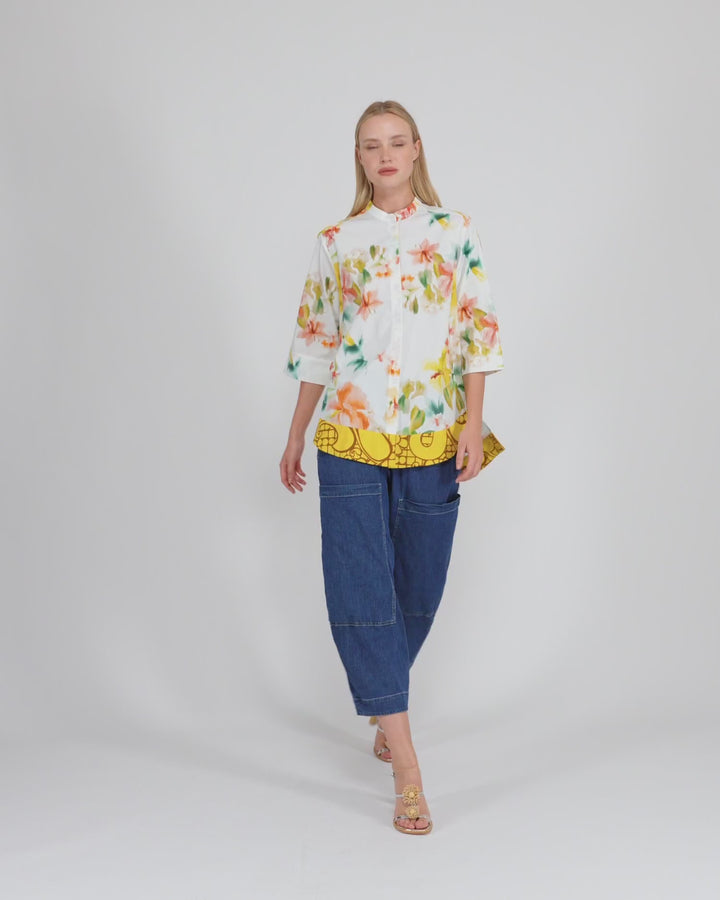 Alembika Clothing - Oleander Collarless Shirt, Garden FINAL SALE ITEM