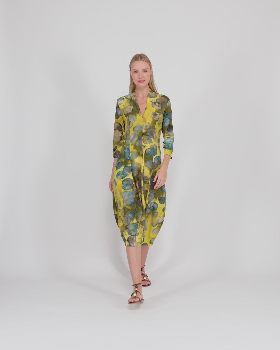 Alembika Clothing - Saffron Cocoon Dress, Gold/Ocean Dots