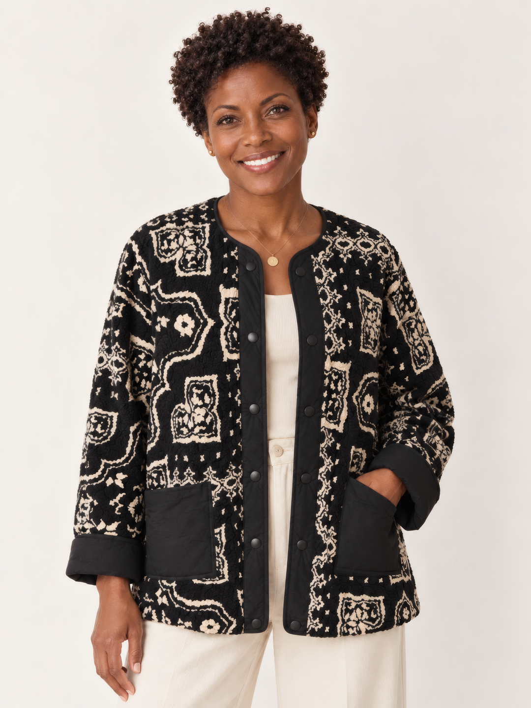 Shannon Passero Able Reversible Jacket in Black Mix, front view on model