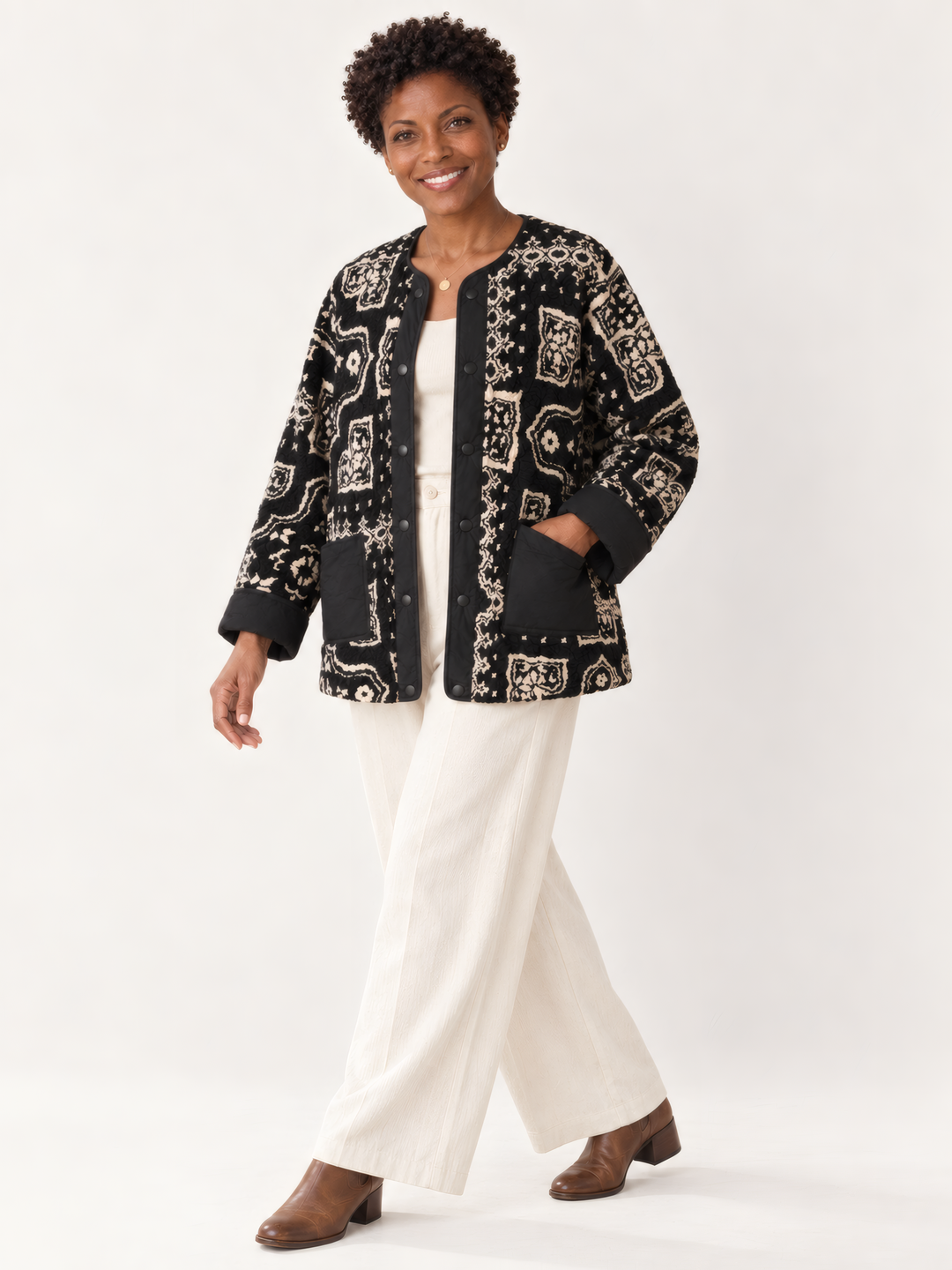 Shannon Passero Able Reversible Jacket in Black Mix, on model, second angle