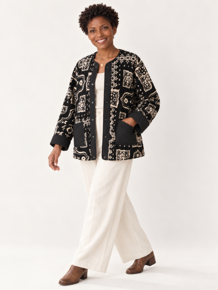 Shannon Passero Able Reversible Jacket in Black Mix, on model, second angle