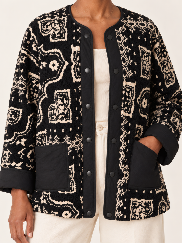 Shannon Passero Able Reversible Jacket in Black Mix, close up of the fabric and details