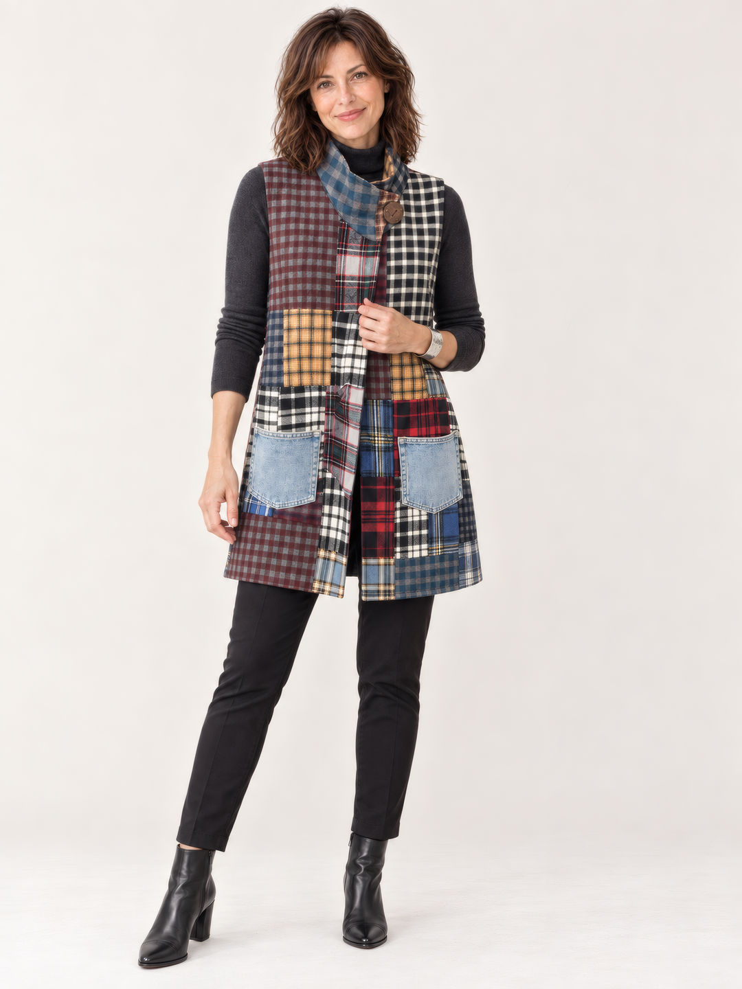 Shannon Passero Adira Reversible Vest in Denim/Plaid Mix, full length front view on model