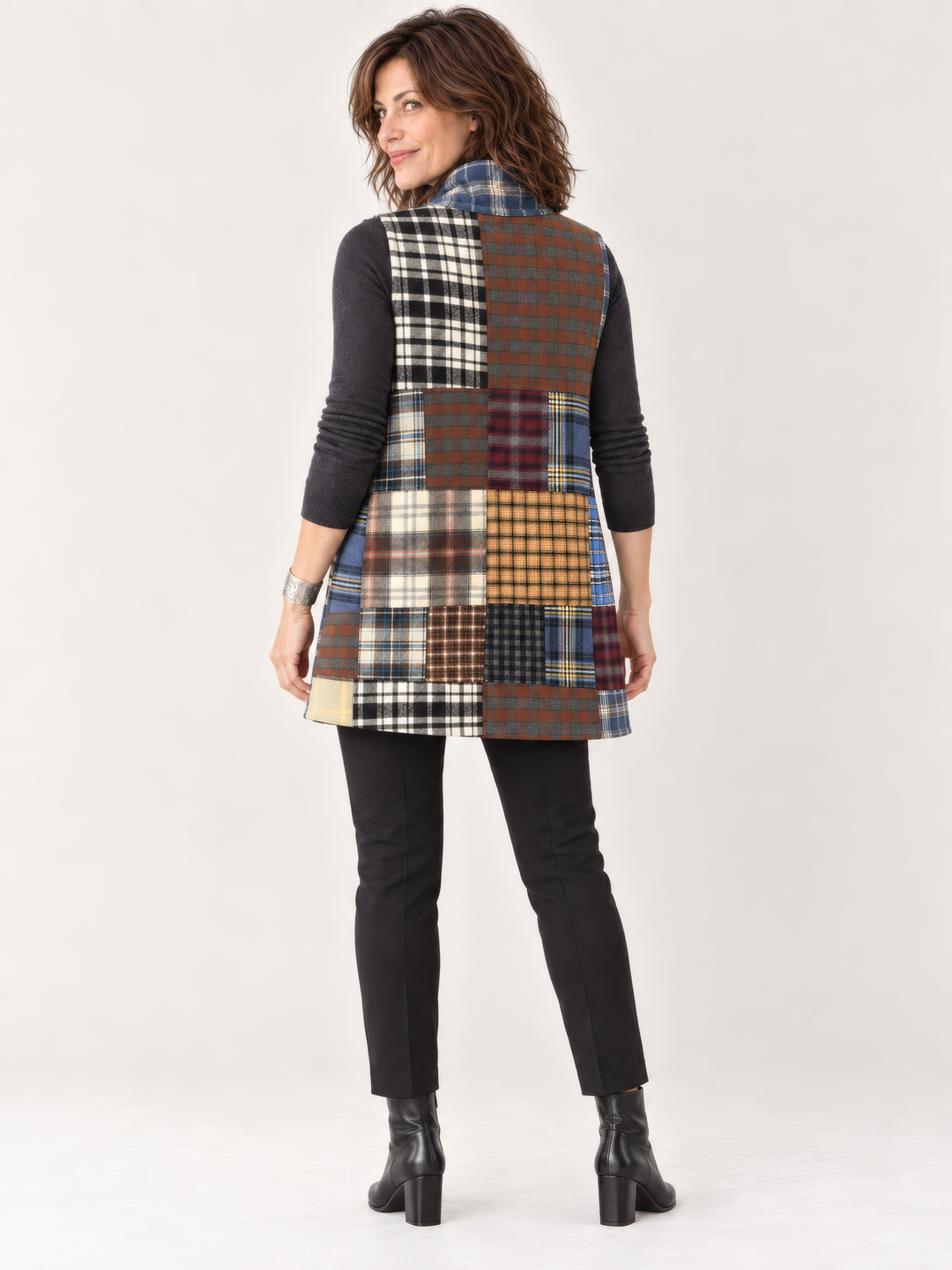 Shannon Passero Adira Reversible Vest in Denim/Plaid Mix, full length back view on model
