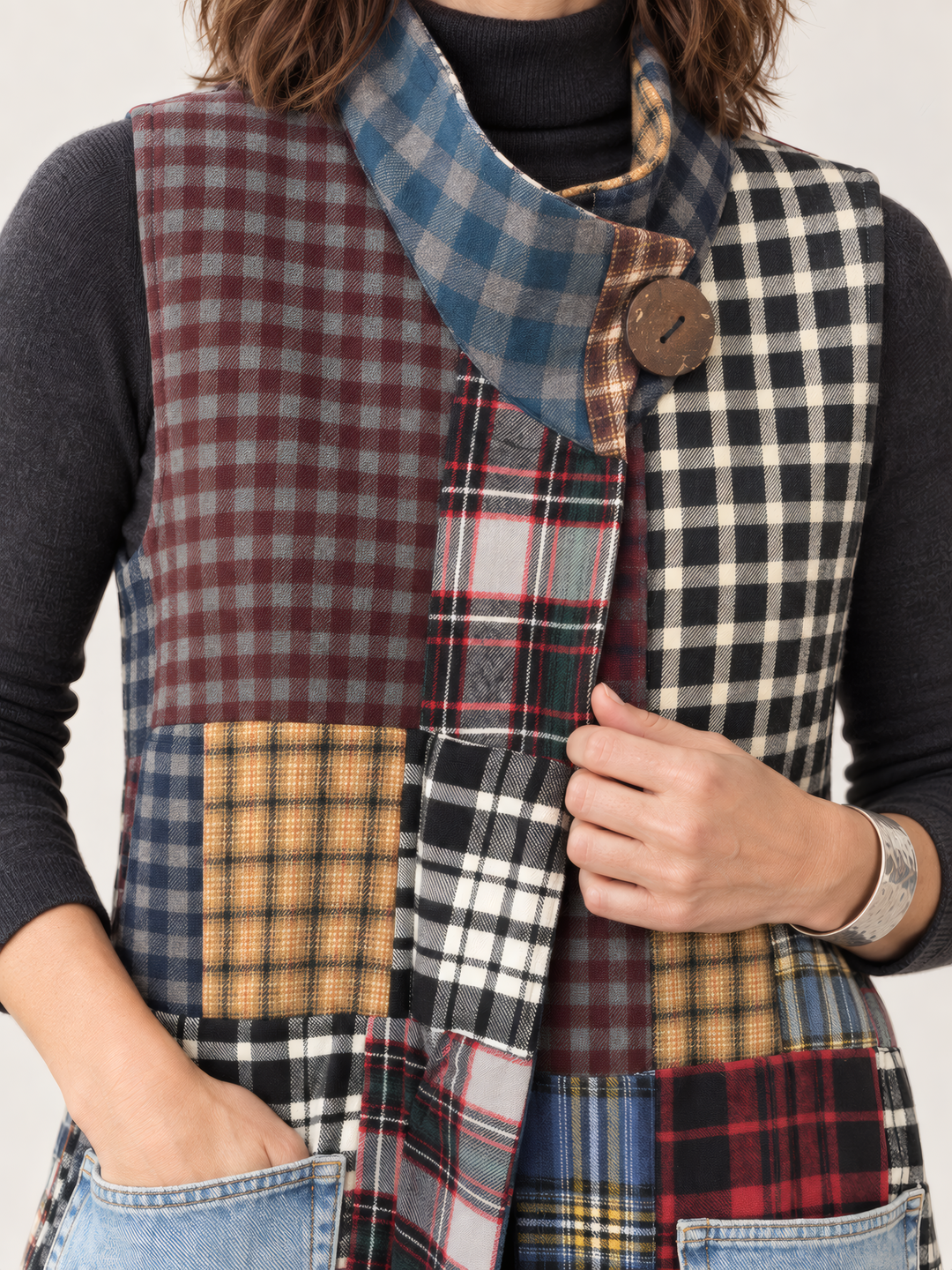 Shannon Passero Adira Reversible Vest in Denim/Plaid Mix, close up of the fabric and details