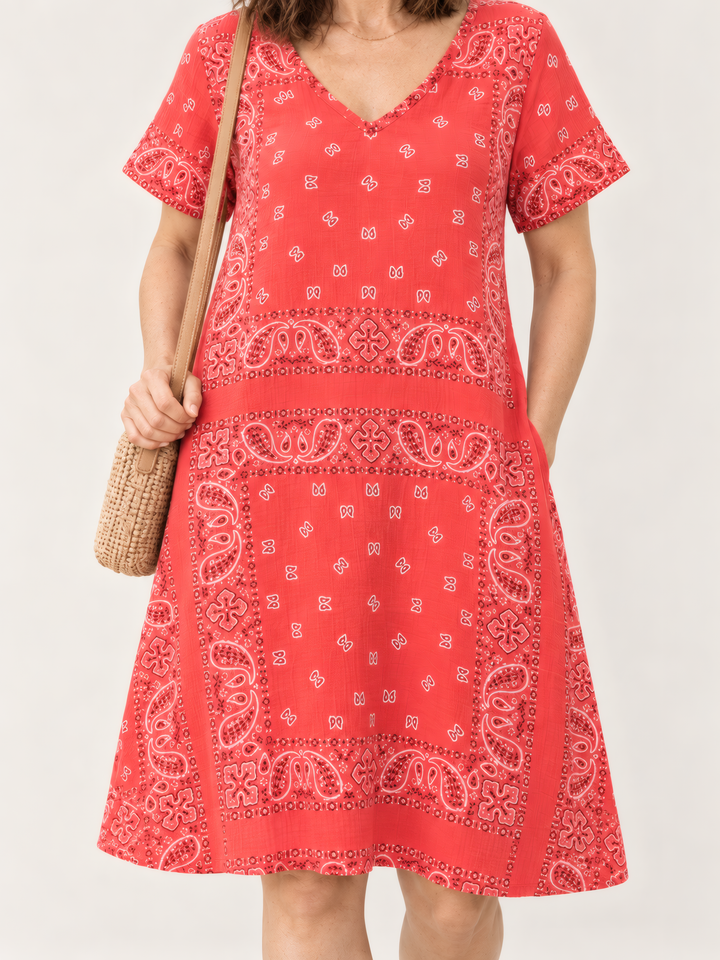 Shannon Passero Bandana Dress in Red, close up of the fabric and details
