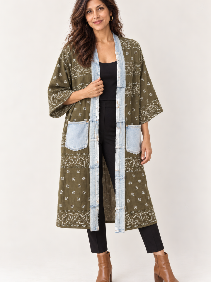 Shannon Passero Bandana Long Cardigan in Olive, front view on model