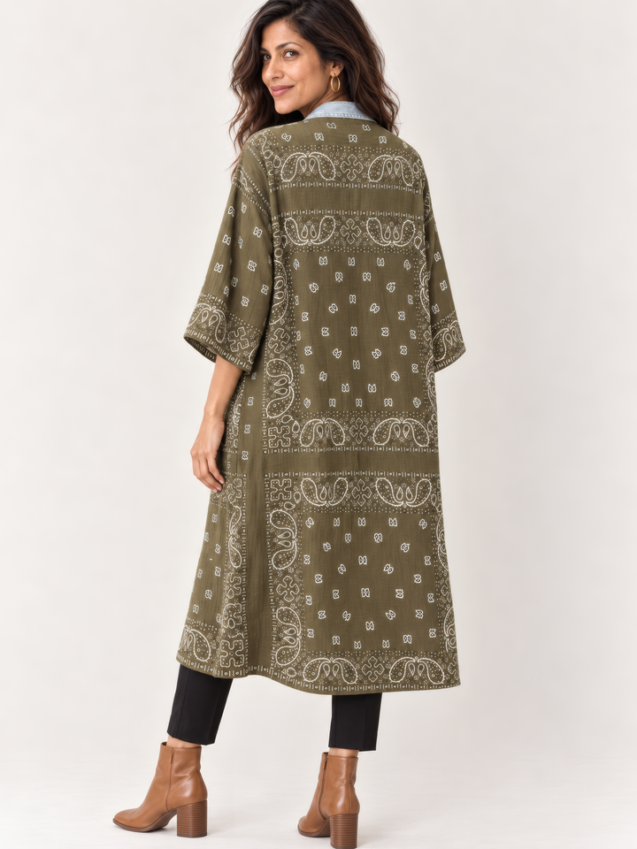 Shannon Passero Bandana Long Cardigan in Olive, back view on model