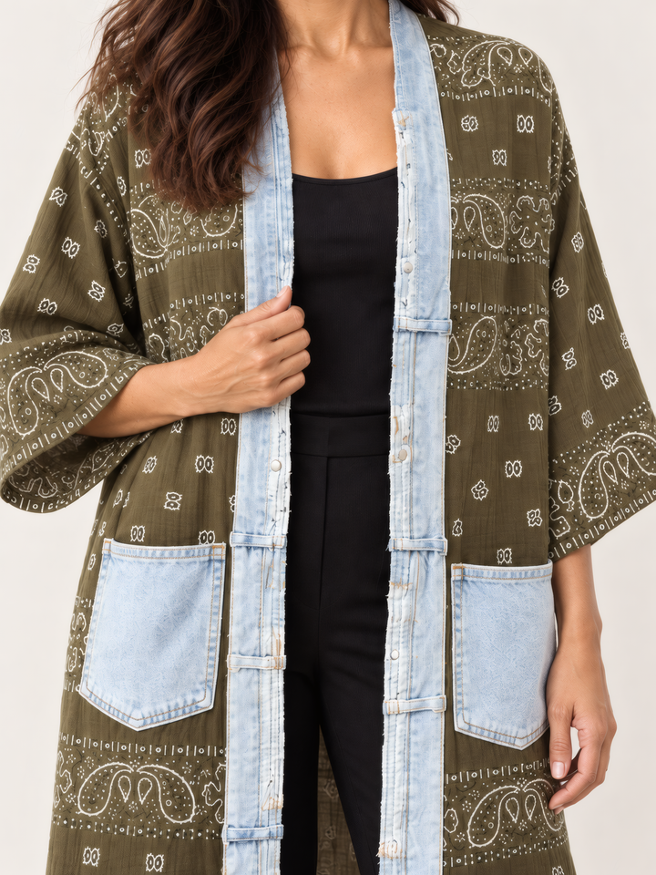 Shannon Passero Bandana Long Cardigan in Olive, close up of the fabric and details