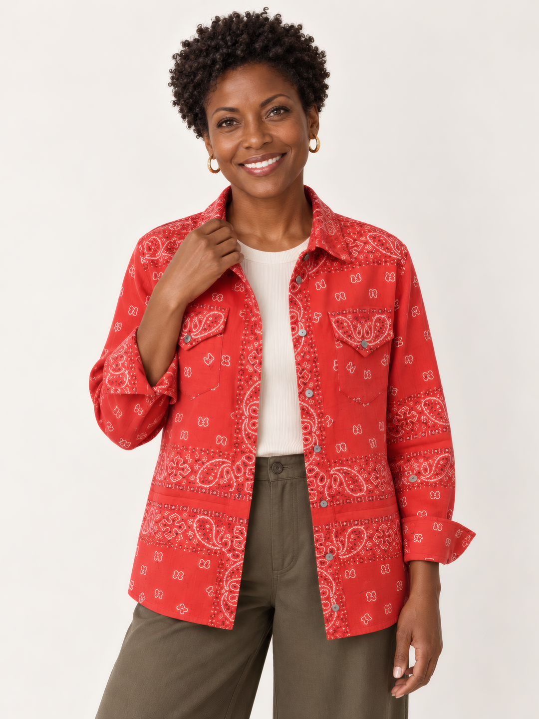 Shannon Passero Bandana Shirt in Red, front view on model