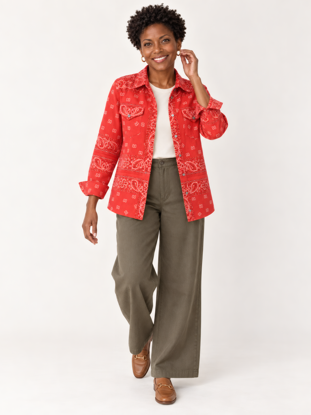 Shannon Passero Bandana Shirt in Red, on model, second angle