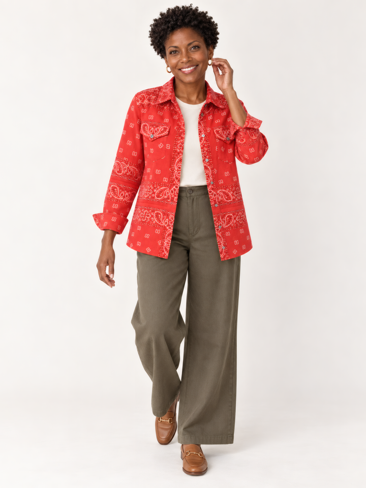 Shannon Passero Bandana Shirt in Red, on model, second angle