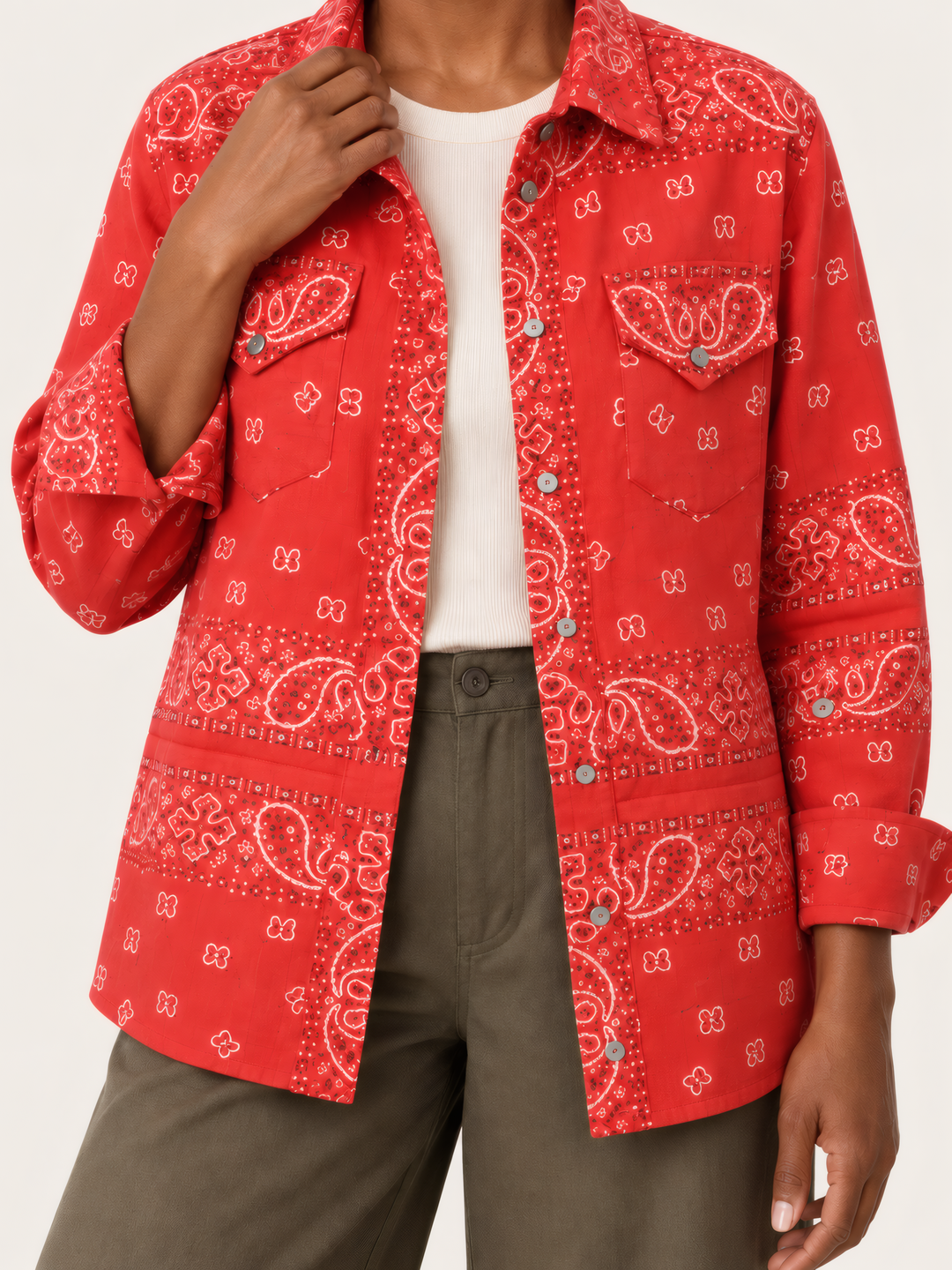 Shannon Passero Bandana Shirt in Red, close up of the fabric and details