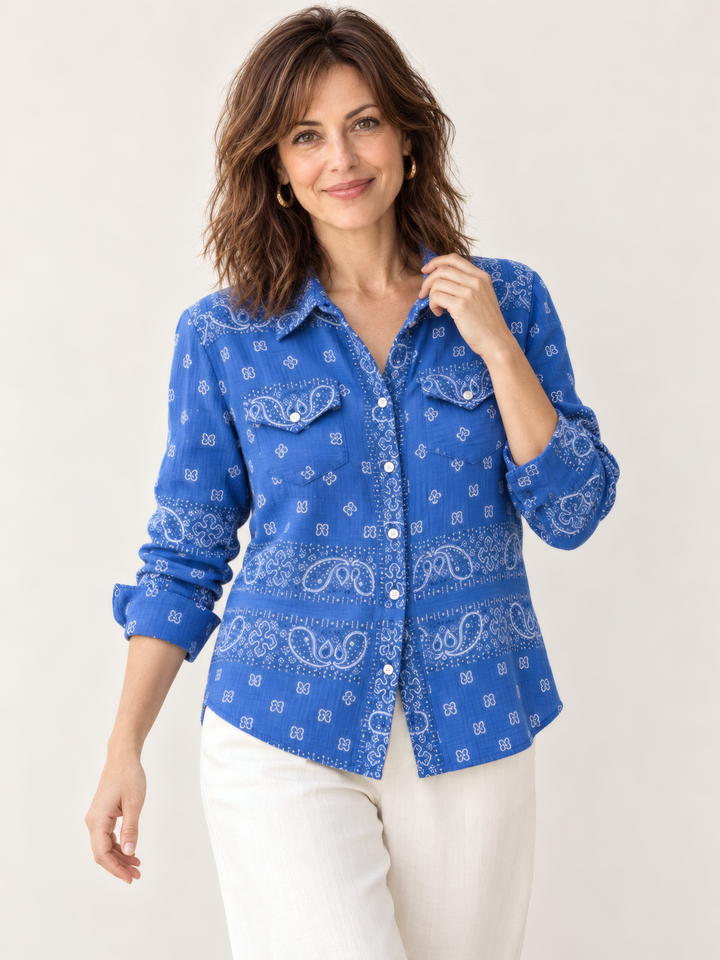 Shannon Passero Bandana Shirt in Royal, front view on model