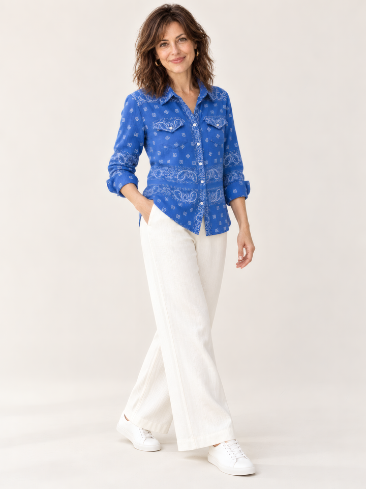 Shannon Passero Bandana Shirt in Royal, on model, second angle
