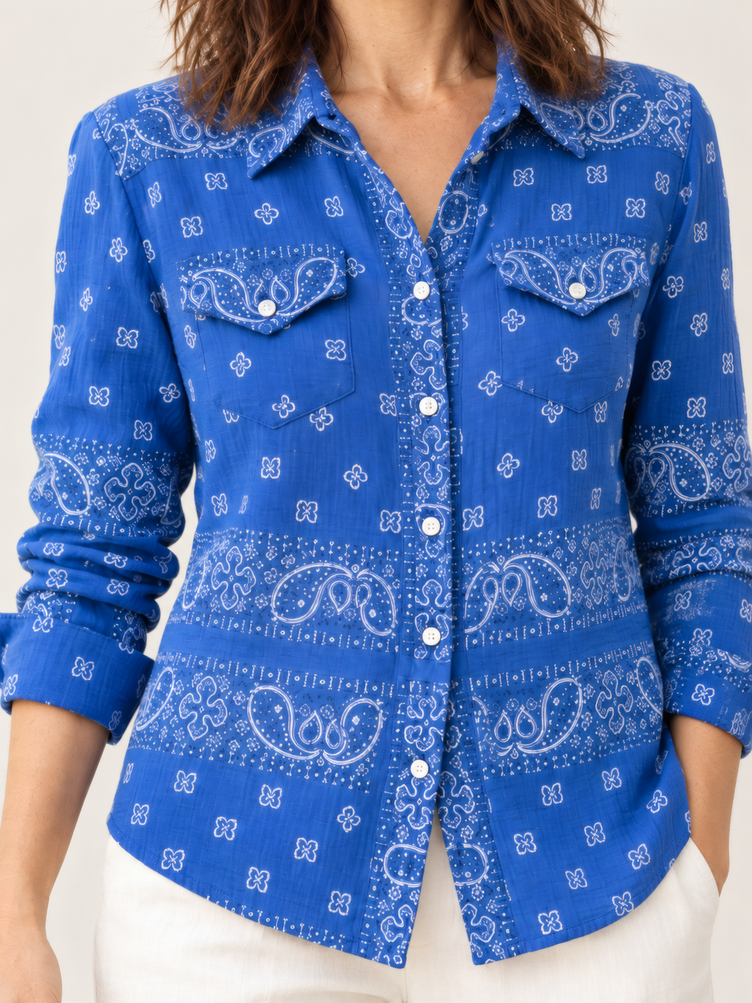 Shannon Passero Bandana Shirt in Royal, close up of the fabric and details